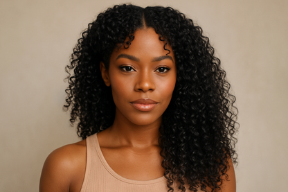 je veux une photo d'une femme afro coiffée avec la mèche très bouclée pixie hair, elle porte une demi perruque V part bouclée taille 20 pouces