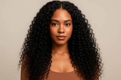 je veux une photo d'une femme coiffée avec la demi perruque V part bouclée taille 20 pouces